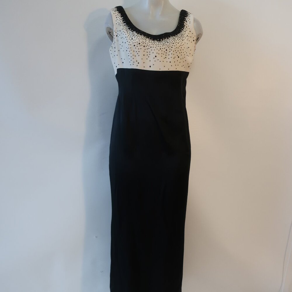 Womens Roland Nivelais Black Ivory Beaded Sleeveless Evening Gown Dress XL